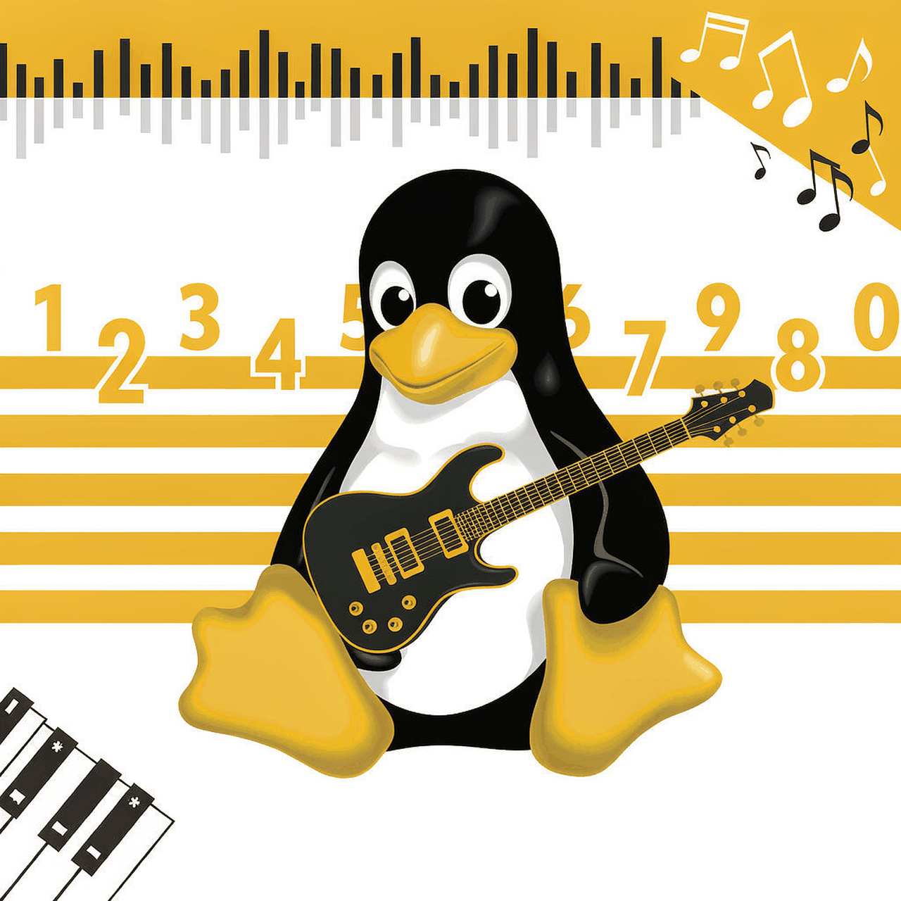 TuxGuitar 扁平风格插画：企鹅吉他手与六线谱